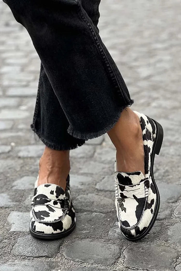 Veerle | Patchwork Printed Cow Moccasins with Round Toe