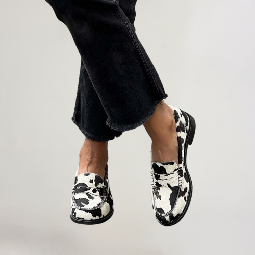 Veerle | Patchwork Printed Cow Moccasins with Round Toe