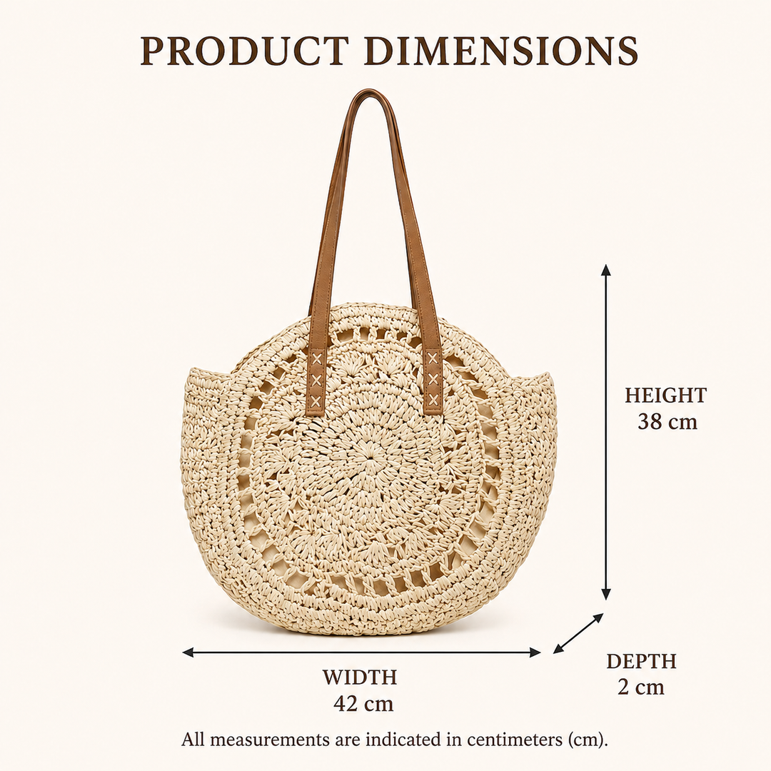 Lola - Round Woven Straw Bag with Pattern — Cognac