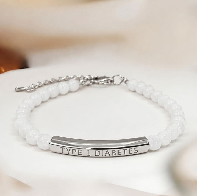 Women's Slim White Beaded Diabetes Medical Alert Bracelet