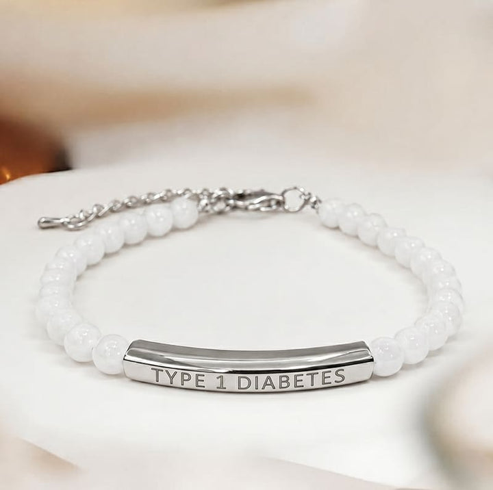 Women's Slim White Beaded Diabetes Medical Alert Bracelet