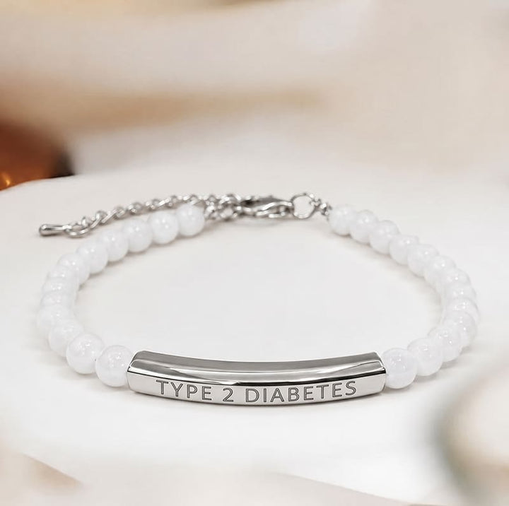 Women's Slim White Beaded Diabetes Medical Alert Bracelet