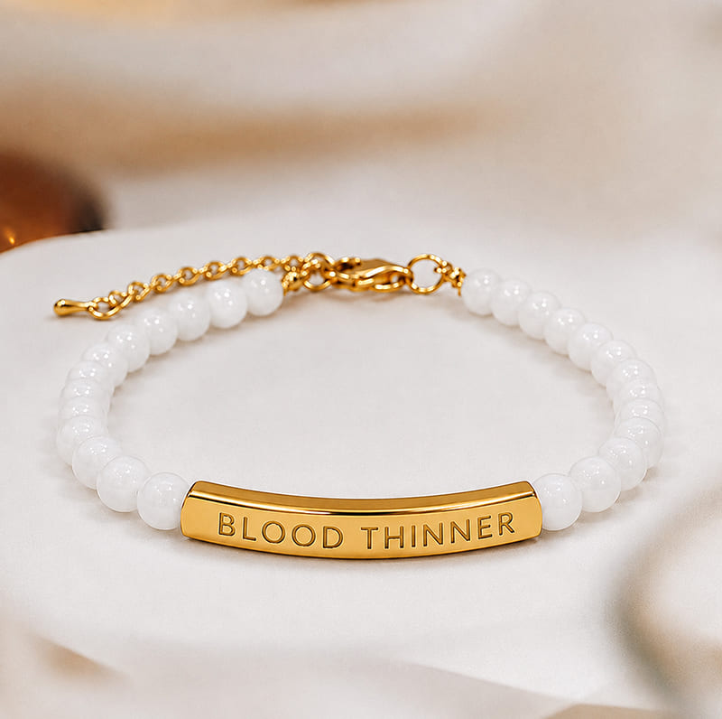 Women's Slim White Beaded Blood Thinner Medical Alert Bracelet