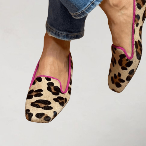 Yvonne | Printed Synthetic Suede Loafers with Pink Trim