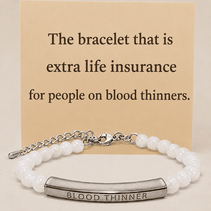 Women's Slim White Beaded Blood Thinner Medical Alert Bracelet